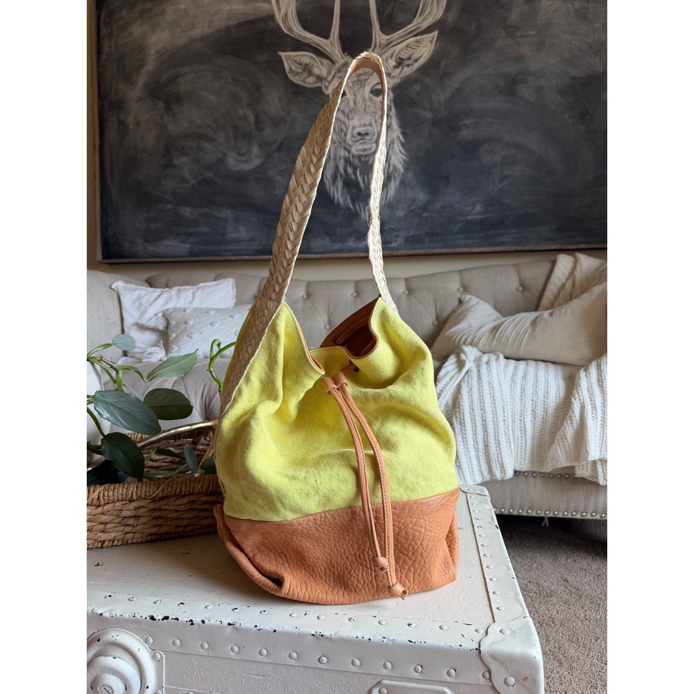CLARAMONTE Accessories Bucket Bag Yellow Tan Leather Canvas Boho Women's OS Good